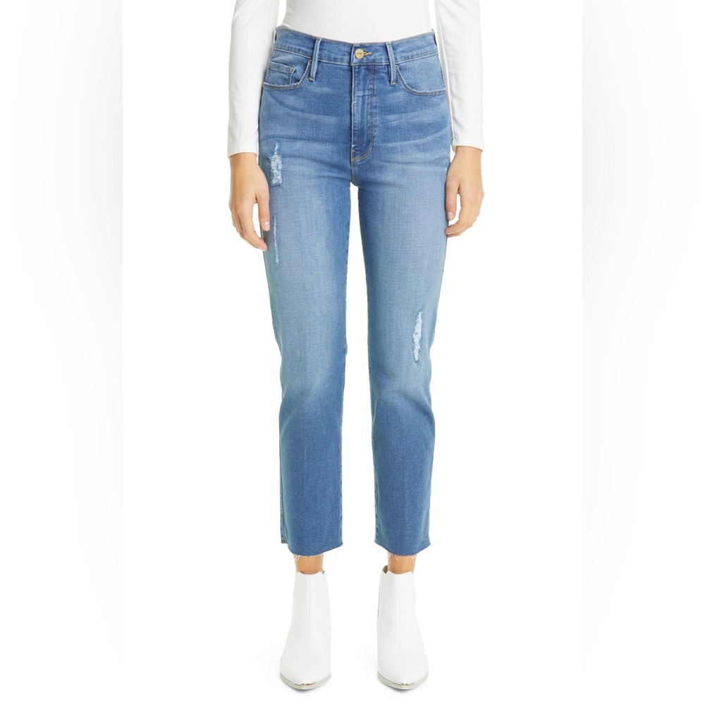 FRAME Le Sylvie Distressed High Waist Raw Hem Straight Leg Jeans (Echo Park)